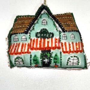 Lot 2 Glass Beaded Sequin Felt Christmas House Ornaments Green New
